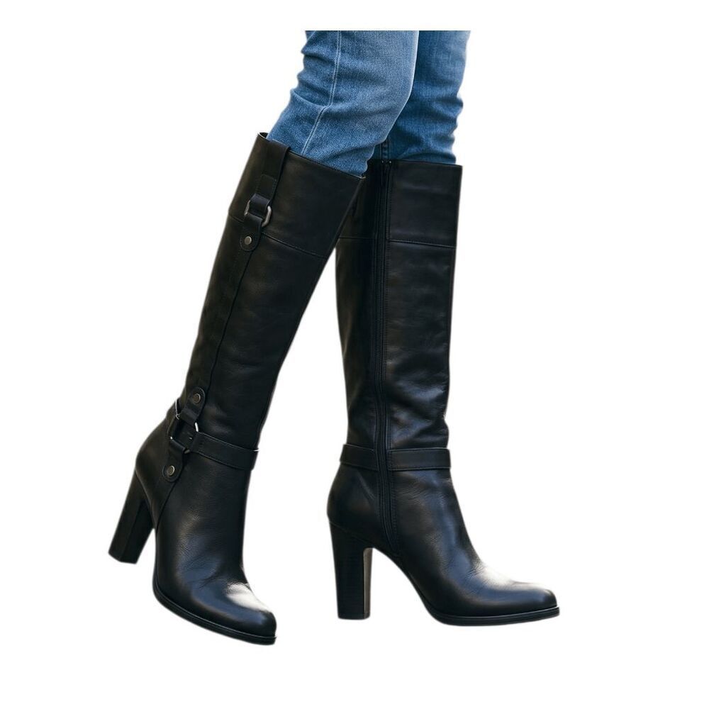 NINE WEST Happiest Black Leather Harnessed Heeled Knee High Boot Size 7M